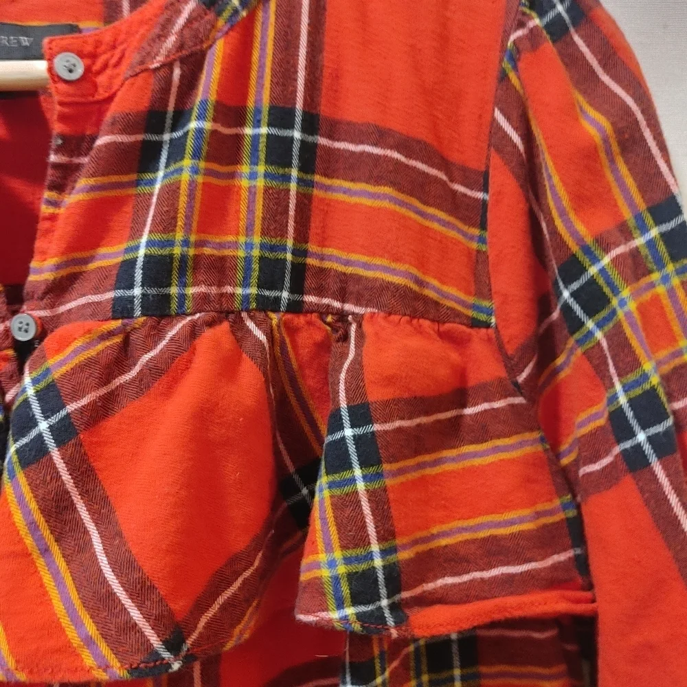 J. Crew Ruffle‎ Red Tartan Plaid Popover Cotton Flannel Shirt Small S H5198